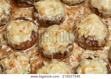 Edible white fresh raw champignon mushrooms without stem closeup