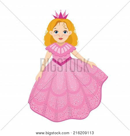 Little cute beautiful princess in cartoon style. Illustration of a beautiful fairytale princess wearing an elegant gown on white background. 
Doll in a luxurious fluffy dress. Vector illustration