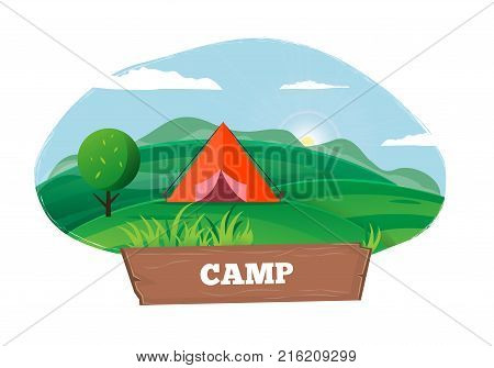 Time for camping template poster with tent in red color isolate on fresh air in summertime with blue sky and green grass and trees.