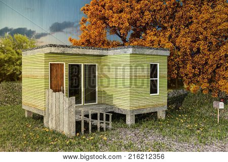 3d illustration of a modular house on a green field