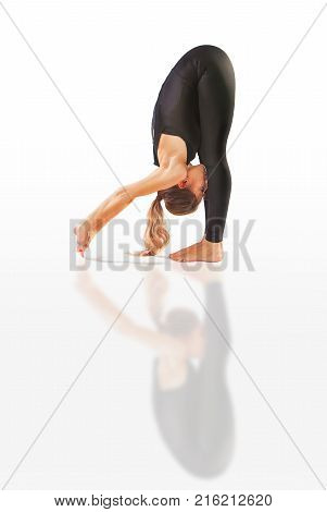 Beautiful Flexible Woman Doing Yoga Poses On White