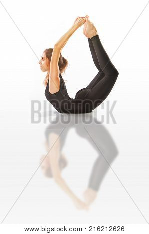 Beautiful Flexible Woman Doing Yoga Poses On White