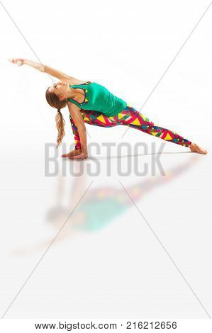 Beautiful Flexible Woman Doing Yoga Poses On White