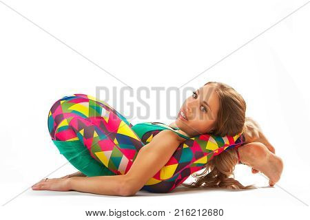 Beautiful Flexible Woman Doing Yoga Poses On White