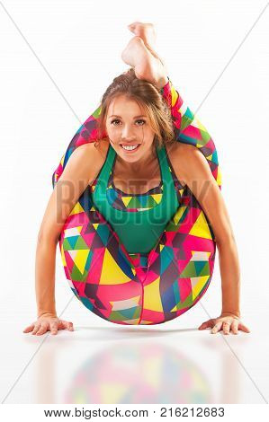 Beautiful Flexible Woman Doing Yoga Poses On White