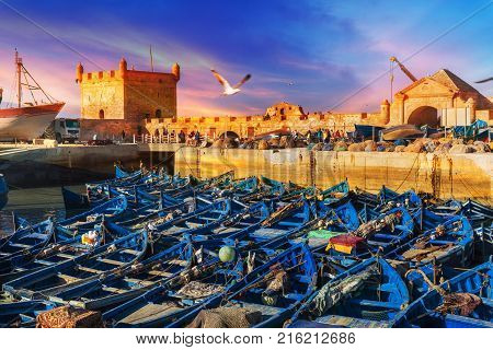 Fishing port of Essaouira at the sunset time Morocco
