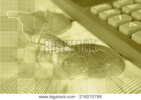 Financial background in sepai with money calculator map and pen.