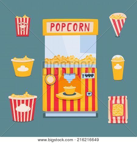 Vending machine for making and selling popcorn. A set of packing boxes for popcorn. Vector illustration.