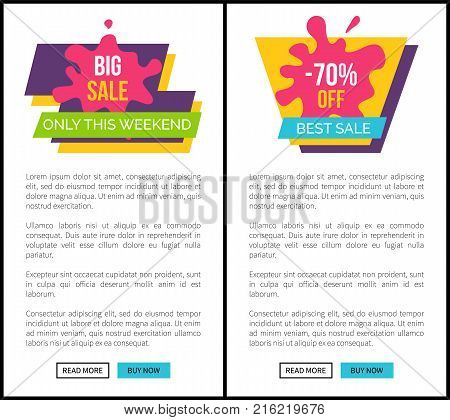 Big sale only this weekend, total end discounts -70 off, headline and additional phrase on ribbon vector illustration isolated on white web posters set