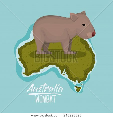 poster wombat in australia map in green surrounded by the ocean vector illustration