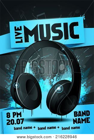 vector illustration live music party flyer design template with headphone