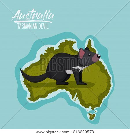 poster tasmanian devil in australia map in green surrounded by the ocean vector illustration