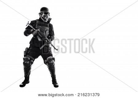 Futuristic nazi soldier gas mask and steel helmet with schmeisser handgun isolated on white studio shot full body portrait