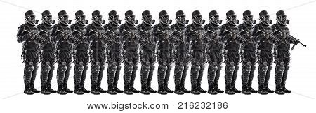 Line of futuristic nazi soldiers in gas mask and steel helmet with schmeisser handgun isolated on white studio shot full length portrait
