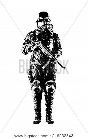 Futuristic nazi soldier gas mask and steel helmet with schmeisser handgun isolated on white studio shot full body portrait