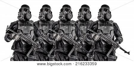 Line of futuristic nazi soldiers in gas mask and steel helmet with schmeisser handgun isolated on white studio shot half length portrait