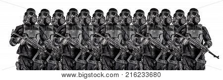 Line of futuristic nazi soldiers in gas mask and steel helmet with schmeisser handgun isolated on white studio shot half length portrait
