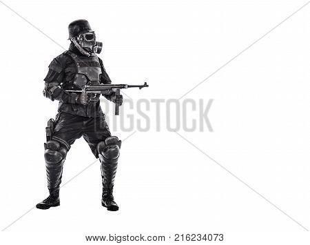 Futuristic nazi soldier gas mask and steel helmet with schmeisser handgun isolated on white studio shot full body portrait
