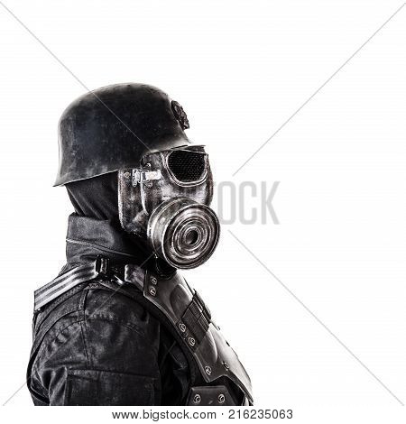 Futuristic nazi soldier gas mask and steel helmet with schmeisser handgun isolated on white studio shot closeup portrait