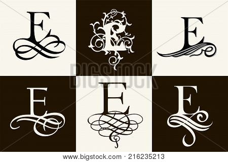 Vintage Set . Capital Letter E for Monograms and Logos. Beautiful Filigree Font. Victorian Style