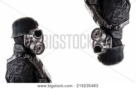 Futuristic nazi soldier gas mask and steel helmet isolated on white studio shot closeup portrait