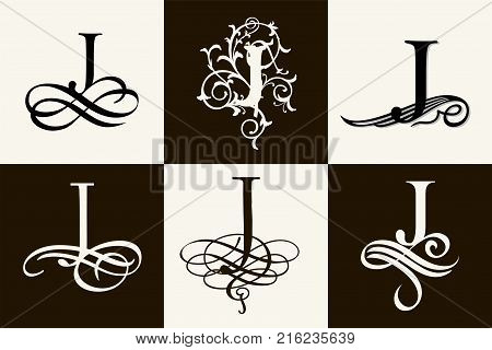Vintage Set . Capital Letter J for Monograms and Logos. Beautiful Filigree Font. Victorian Style