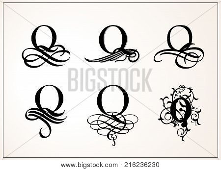 Vintage Set . Capital Letter Q for Monograms and Logos. Beautiful Filigree Font. Victorian Style