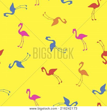 Pink Red Blue Flamingo Seamless Pattern on White Background. Bird Silhouette Texture