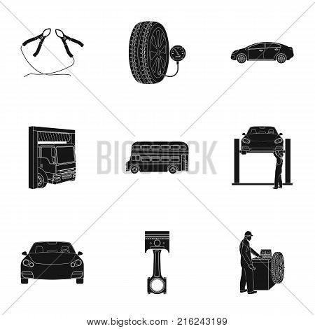 Car, lift, pump and other equipment black icons in set collection for design. Car maintenance station vector symbol stock illustration .
