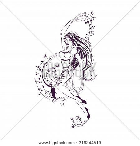 One of school subjects set music dance vector coloring page girl dancing next to treble clef
