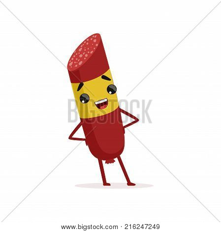 Smiling salami character with yellow brand label standing with arms akimbo. Grocery and gourmet food concept. Cartoon vector illustration isolated on white. Flat design for food market, butcher store.