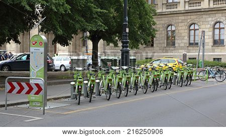 BUDAPEST HUNGARY - JULY 13 2015: Bicycle Sharing Service Bubi Mol Rental in Budapest Hungary.