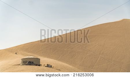 Huacachina Peru - August 2017: Huacachina desert and dunes of sand in Ica region Peru.