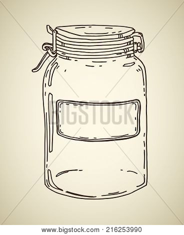 Glass jar with blank label. Vector hand drawn vintage illustration. Contour sketch in brown isolated over beige.