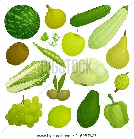 A set of fruits and vegetables of green color. Green food. Vector illustration.