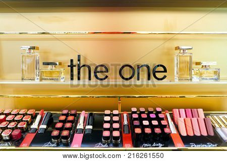 ROME, ITALY - CIRCA NOVEMBER, 2017: Dolce & Gabbana beauty products sit on display at a second flagship store of Rinascente in Rome. Dolce & Gabbana is an Italian luxury fashion house
