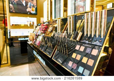 ROME, ITALY - CIRCA NOVEMBER, 2017: Dolce & Gabbana beauty products sit on display at a second flagship store of Rinascente in Rome. Dolce & Gabbana is an Italian luxury fashion house
