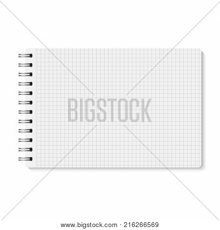 Vector white realistic opened spiral bound notebook. Horizontal blank copybook with metallic silver spiral. Template (mock up) of organizer or diary isolated. Horizontal cell lined notepad. A5