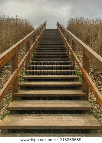 A wooden stairway leads over a dam in St. Peter-Ording on a cloudy winter day