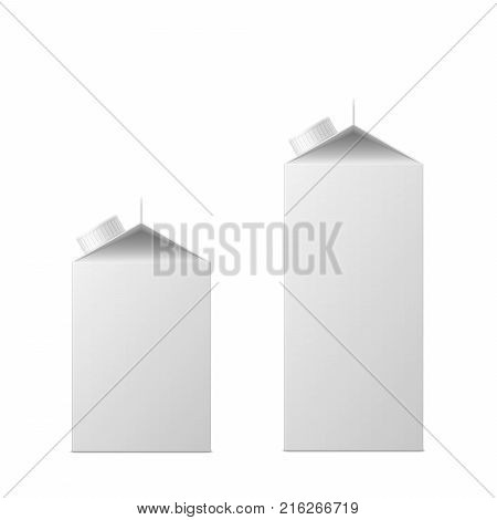 Vector 3d mock up of milk or juice box on white background. Realistic carton one liter package with cap isolated. Template for your design. Front view.