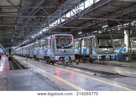 Moscow, Russia - October 27, 2017: Subway train metro depot Krasnaya presnya