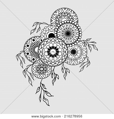 Mandala pattern. Tattoo art. Graphic vintage composition in linear style. Vector illustration. T-shirts print posters textiles. Vector floral ethnic decorative background.