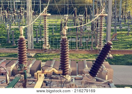 Power transformer powering electrical switchyard. Grid distribution center.