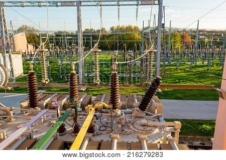 Power transformer powering electrical switchyard. Grid distribution center.
