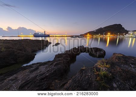 Morning view of the harbour in Psara village, Greece.