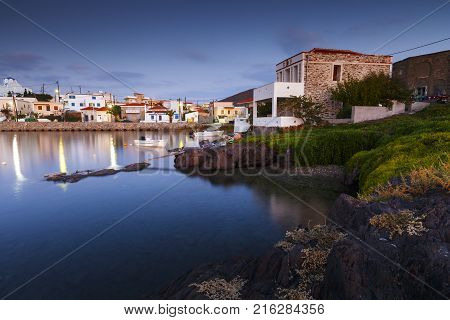 PSARA, GREECE - NOVEMBER 9, 2017: Morning view of Psara village and its harbour on November 9, 2017.