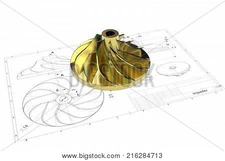 3d Illustration Of Turbo Impeller Above Engineering Drawing