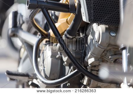 Motorcycle detail. metallic motorcycle motor . Photo of an abstract texture