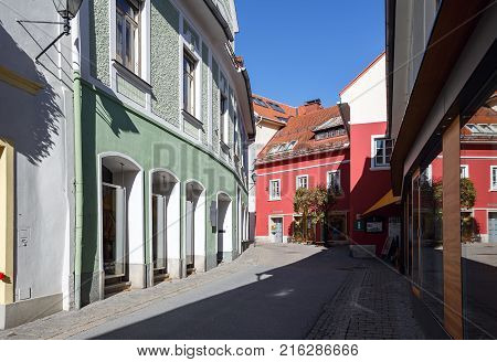 MURAU/ AUSTRIA - OCTOBER 7, 2017. Shopping street in the historical town center of Murau. Styria, Austria.