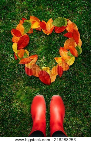 High angle view of a woman in red rubber boots looking at shape of heart created by fallen autumn leaves lying on green grass underneigh.